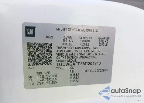 2021 Chevrolet Express Cargo Rwd 2500 Regular Wheelbase Wt from USA, damaged, VIN 1GCWGAFP3M1204940